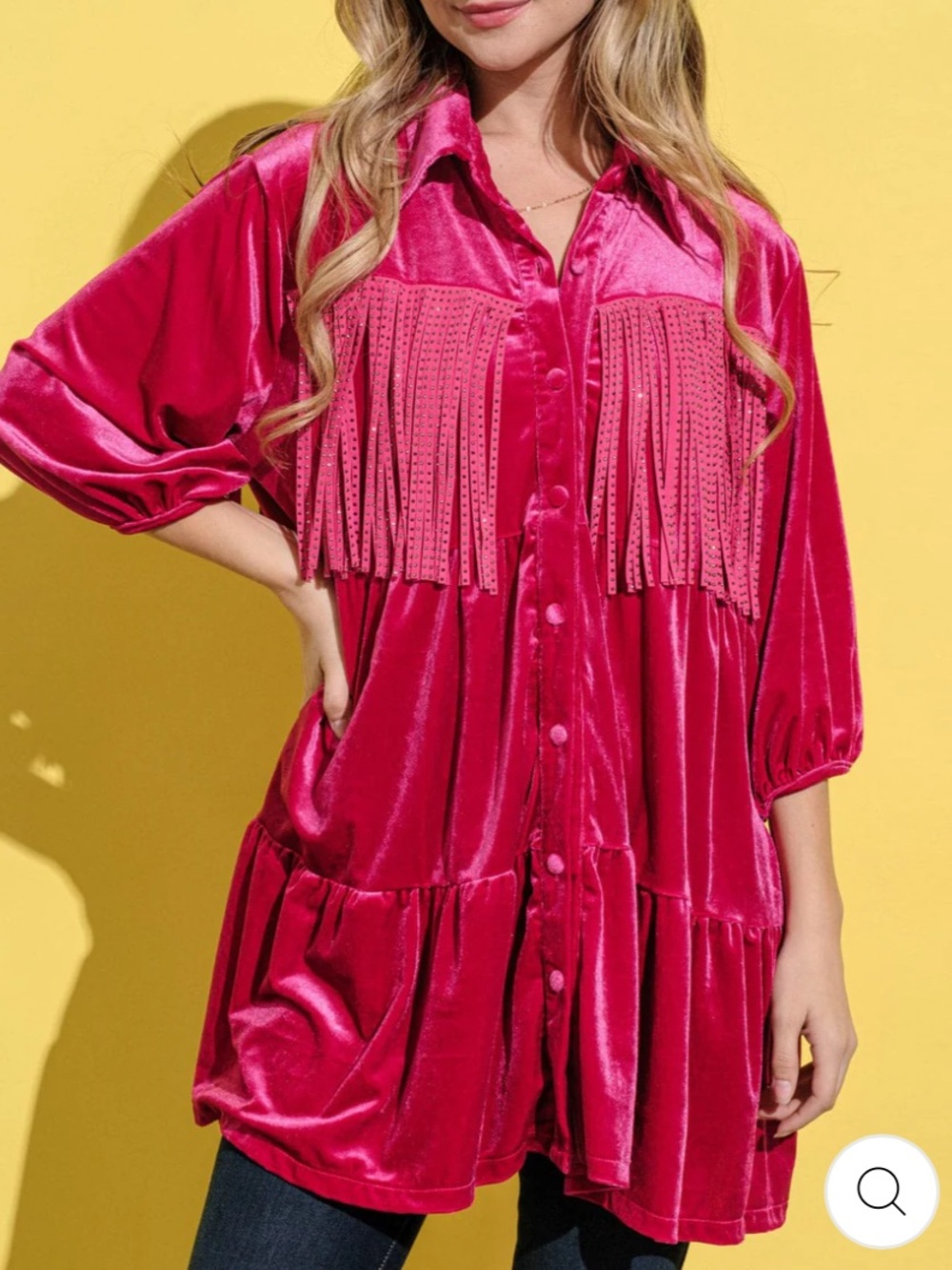 Boho NWT Festival Fringe Detail velvet Button-Front Women's Top size S-M-L - Picture 3 of 4